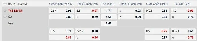 Bảng tỷ lệ kèo trận Australia vs Thổ Nhĩ Kỳ